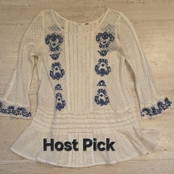 Free People Tops - Free People Creamy White Lacey Sheer Tunic Top With Blue Embroidered Accents